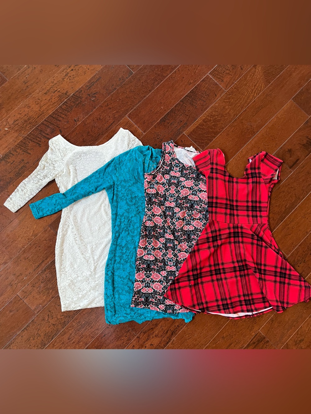 Set of Four Women's Dresses - Red Plaid, Floral, Teal Lace, White Lace